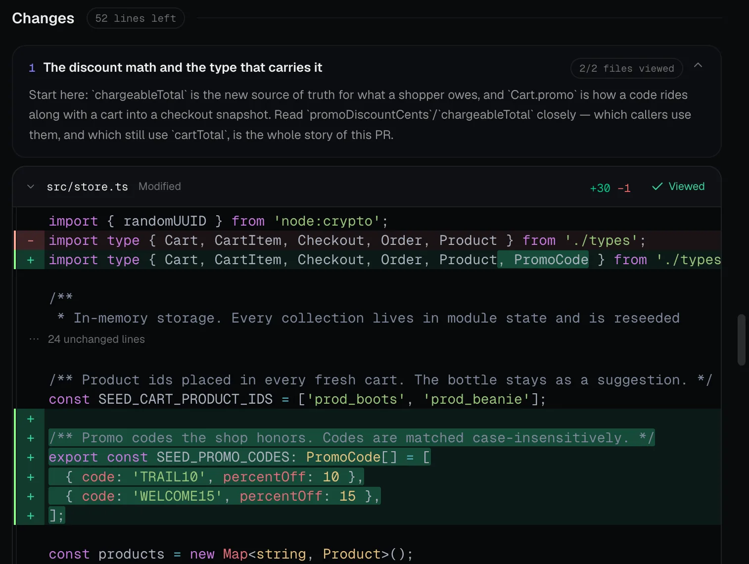 The Changes section of a review: a lines left pill, guide section one titled The discount math and the type that carries it with the reviewer prose, a files viewed pill, and a file card opening a unified diff with word level highlights.