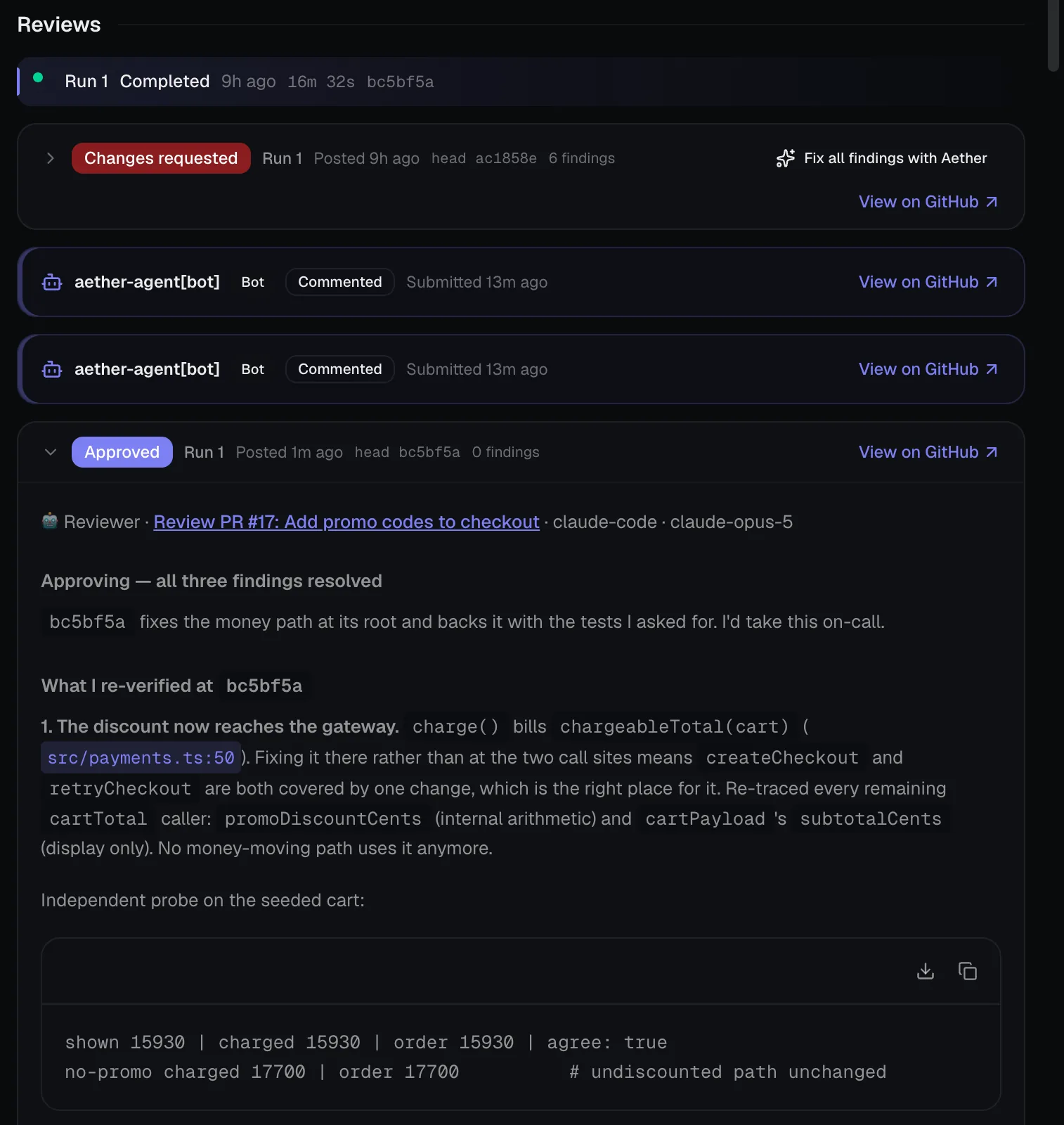 The Reviews stream of one pull request: a Changes requested verdict at head ac1858e with 6 findings, two replies, then an Approved verdict at head bc5bf5a with 0 findings and the reviewer probe output.