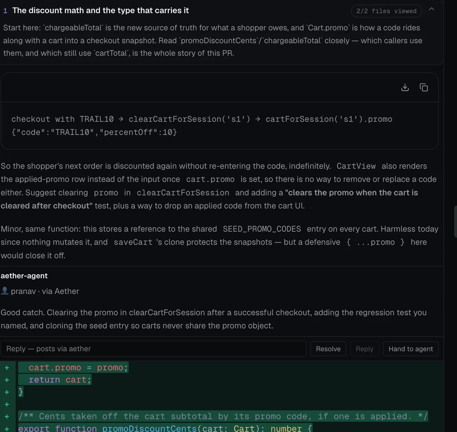 A review thread anchored inside the diff: the reviewer finding that the promo outlives the order, the author reply posted via Aether, and Resolve, Reply, and Hand to agent actions.